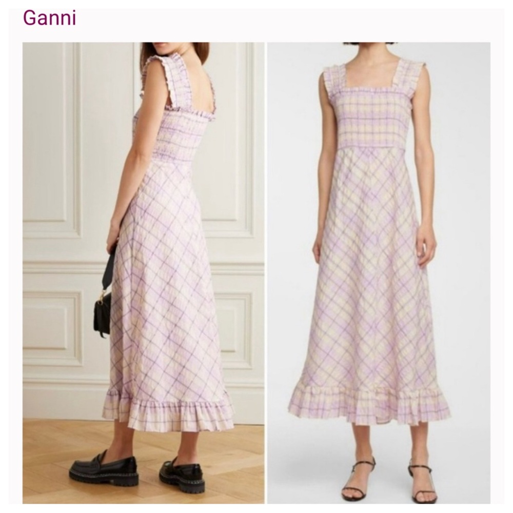 Ganni Pleated Seersucker Check Dress - Orchid Bloom